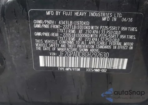 2016 Subaru Crosstrek 2.0I Premium z USA, uszkodzony, nr VIN JF2GPADC8GH292630